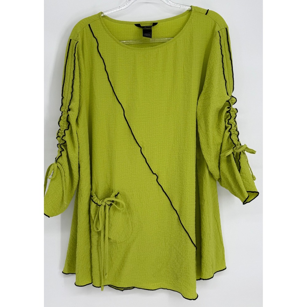 Ali Miles Lime Green Crinkle Tunic Top Plus Sz 1X Ruched 3/4 Sleeve Artsy